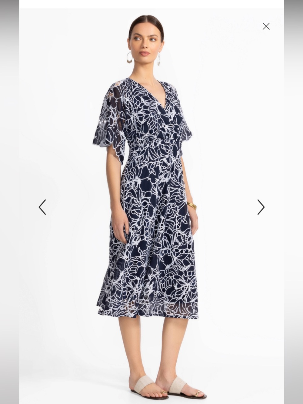 NWT . Johnny Was V-Neck  lace / embroidered   Navy & White Midi Dress.
Vacation